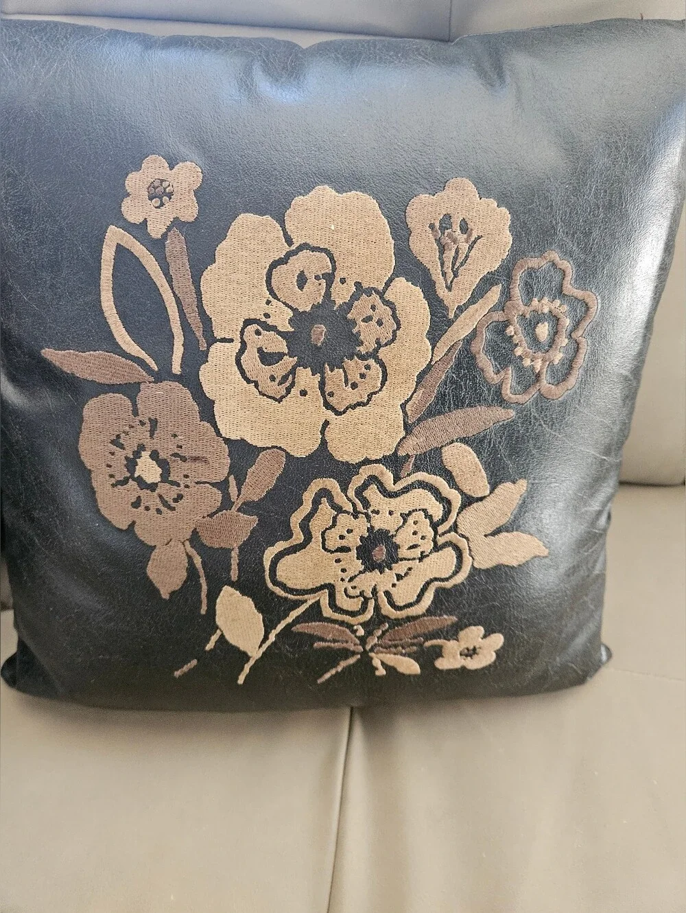 Set of 2 Faux Leather Floral Embroidered Throw Pillows with Inserts Black Brown